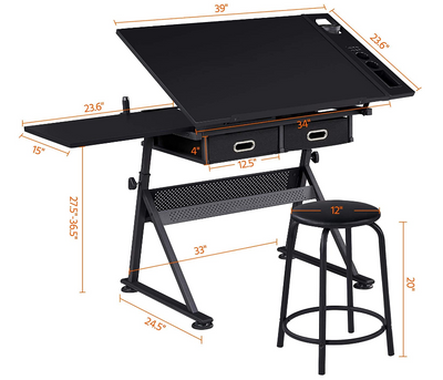 Drawing Drafting Table Artist Desk Tilting Tabletop Arts and Crafts Sketching Workstation with Storage Drawers and Stool