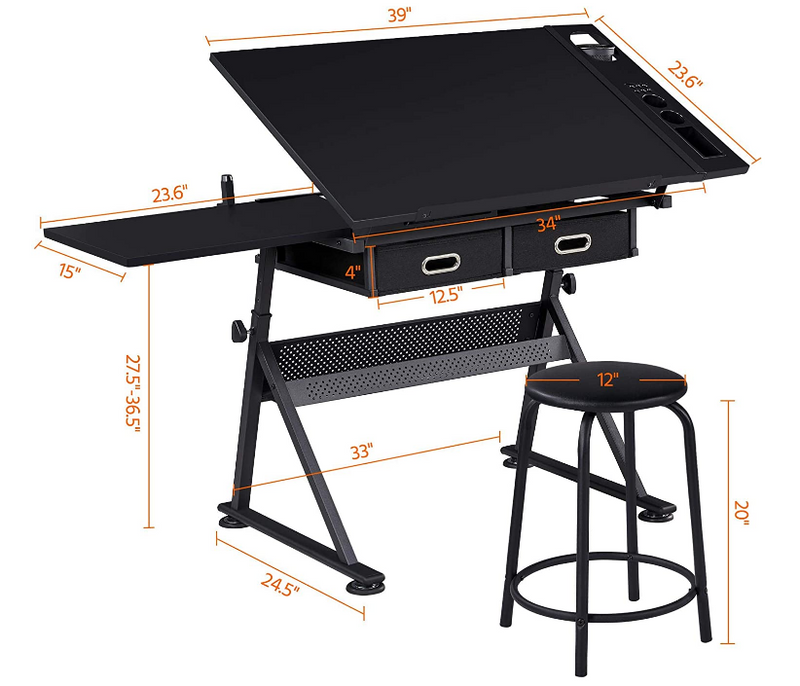 Drawing Drafting Table Artist Desk Tilting Tabletop Arts and Crafts Sketching Workstation with Storage Drawers and Stool