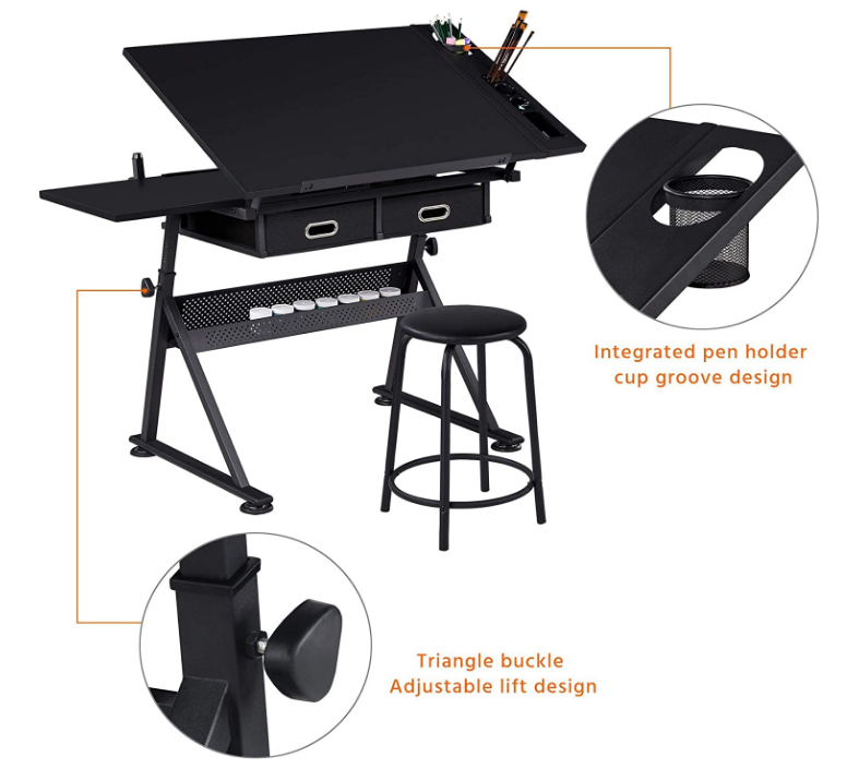 Drawing Drafting Table Artist Desk Tilting Tabletop Arts and Crafts Sketching Workstation with Storage Drawers and Stool