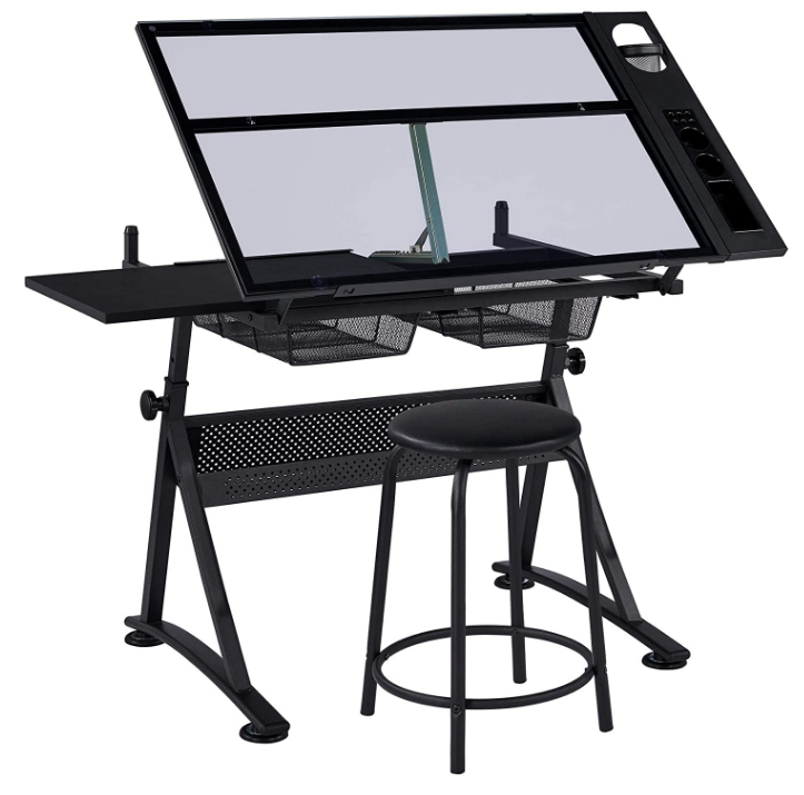 Drawing Drafting Table Artist Desk Tilting Tabletop Arts and Crafts Sketching Workstation with Storage Drawers and Stool