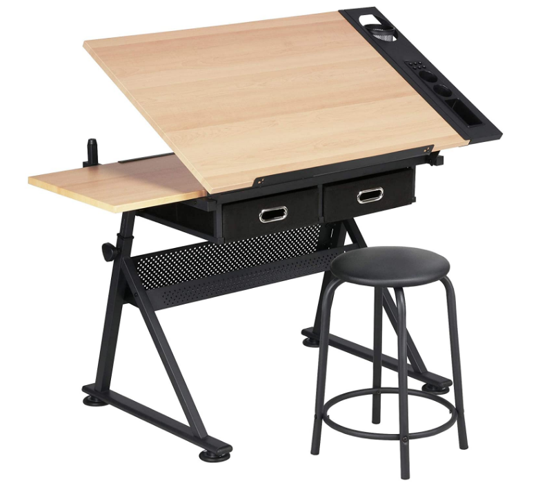 Drawing Drafting Table Artist Desk Tilting Tabletop Arts and Crafts Sketching Workstation with Storage Drawers and Stool