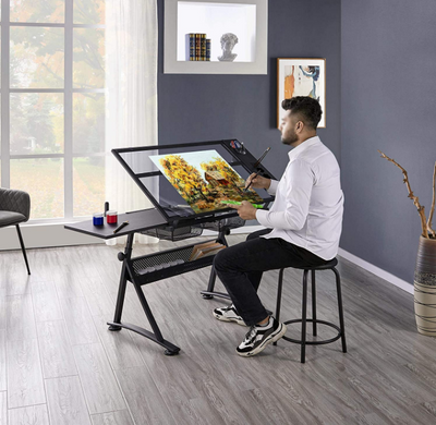Drawing Drafting Table Artist Desk Tilting Tabletop Arts and Crafts Sketching Workstation with Storage Drawers and Stool