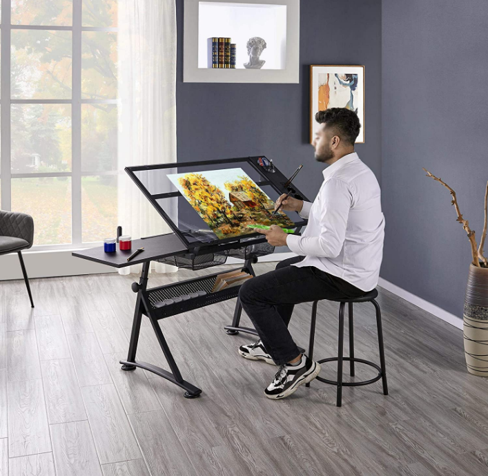 Drawing Drafting Table Artist Desk Tilting Tabletop Arts and Crafts Sketching Workstation with Storage Drawers and Stool