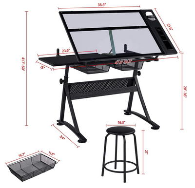 Drawing Drafting Table Artist Desk Tilting Tabletop Arts and Crafts Sketching Workstation with Storage Drawers and Stool