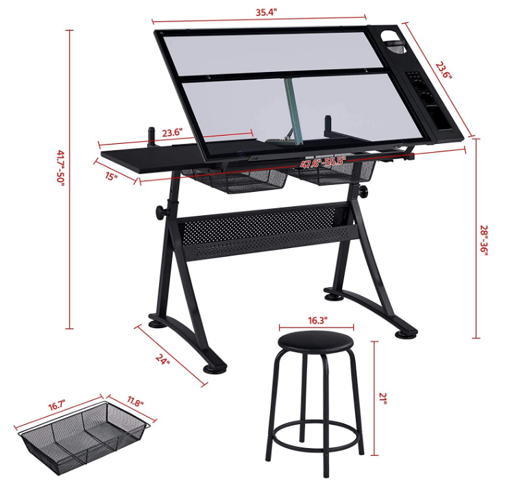 Drawing Drafting Table Artist Desk Tilting Tabletop Arts and Crafts Sketching Workstation with Storage Drawers and Stool