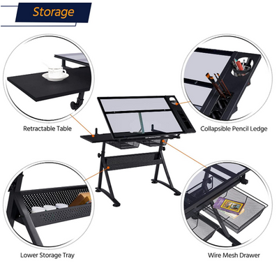 Drawing Drafting Table Artist Desk Tilting Tabletop Arts and Crafts Sketching Workstation with Storage Drawers and Stool