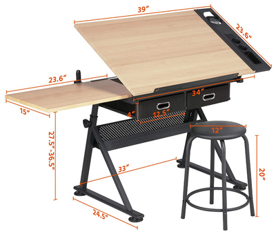 Drawing Drafting Table Artist Desk Tilting Tabletop Arts and Crafts Sketching Workstation with Storage Drawers and Stool