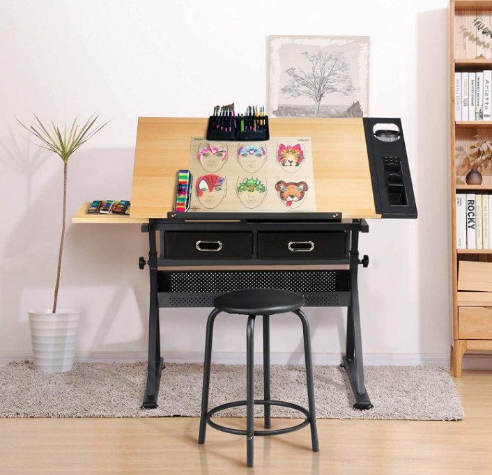 Drawing Drafting Table Artist Desk Tilting Tabletop Arts and Crafts Sketching Workstation with Storage Drawers and Stool