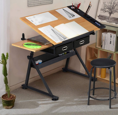 Drawing Drafting Table Artist Desk Tilting Tabletop Arts and Crafts Sketching Workstation with Storage Drawers and Stool