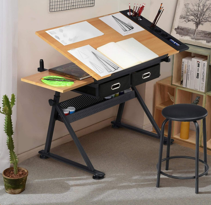 Drawing Drafting Table Artist Desk Tilting Tabletop Arts and Crafts Sketching Workstation with Storage Drawers and Stool
