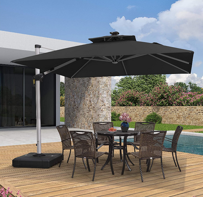 10x10 Ft Double Top Deluxe Solar Powered LED Square Patio Umbrella Offset Hanging Outdoor Market Garden Umbrella