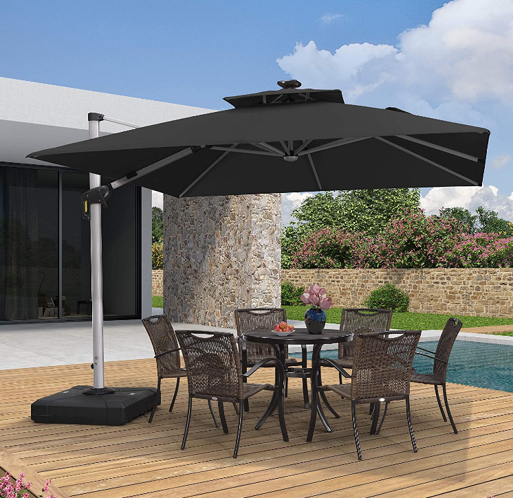 10x10 Ft Double Top Deluxe Solar Powered LED Square Patio Umbrella Offset Hanging Outdoor Market Garden Umbrella