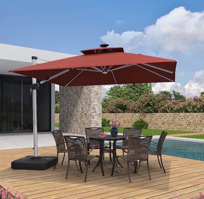 10x10 Ft Double Top Deluxe Solar Powered LED Square Patio Umbrella Offset Hanging Outdoor Market Garden Umbrella