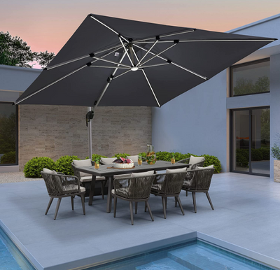 10x10 Ft Double Top Deluxe Solar Powered LED Square Patio Umbrella Offset Hanging Outdoor Market Garden Umbrella