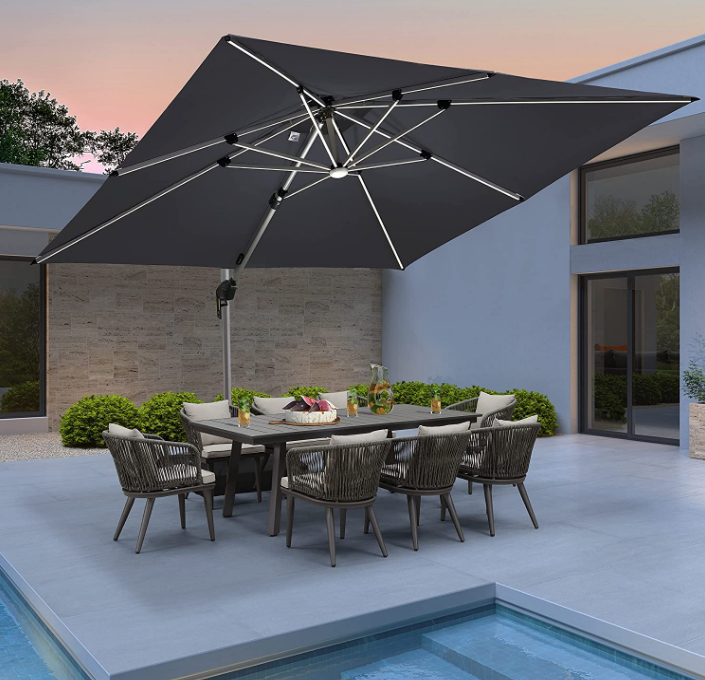 10x10 Ft Double Top Deluxe Solar Powered LED Square Patio Umbrella Offset Hanging Outdoor Market Garden Umbrella