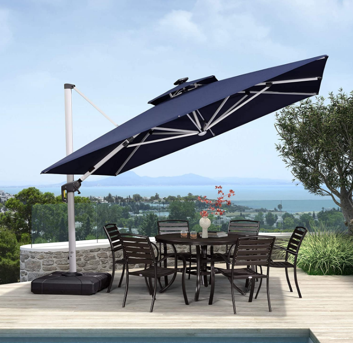 10x10 Ft Double Top Deluxe Solar Powered LED Square Patio Umbrella Offset Hanging Outdoor Market Garden Umbrella