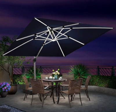 10x10 Ft Double Top Deluxe Solar Powered LED Square Patio Umbrella Offset Hanging Outdoor Market Garden Umbrella