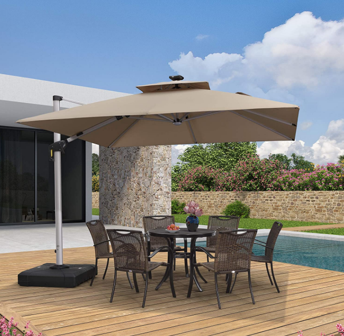 10x10 Ft Double Top Deluxe Solar Powered LED Square Patio Umbrella Offset Hanging Outdoor Market Garden Umbrella