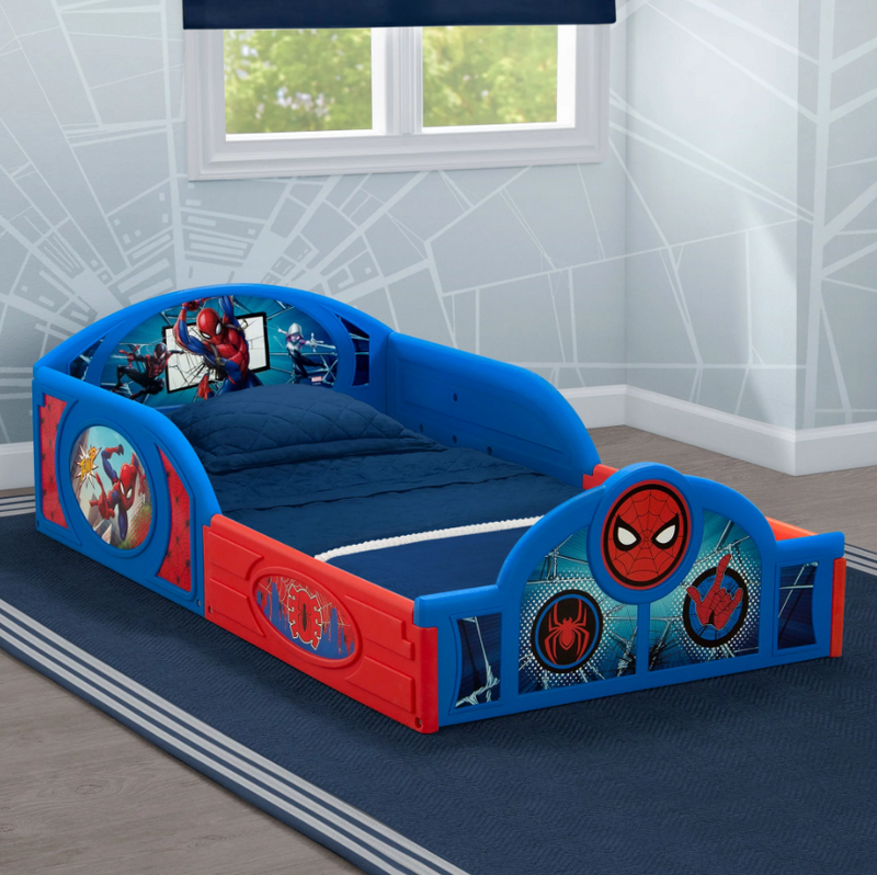 Marvel Spider Man Sleep and Play Toddler Bed, Kid’s Plastic Bed with Built-In Guardrails
