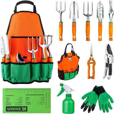 12Pcs Garden Tool Set, Gardening Tools Kit with Canvas Apron & Storage Pocket