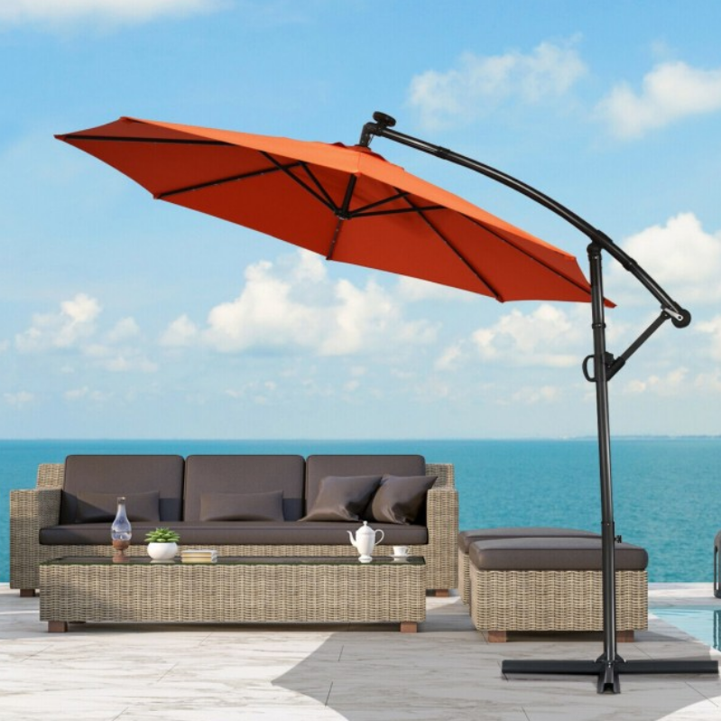360° Rotation 10 Ft Solar Powered LED Patio Offset Umbrella without Weight Base