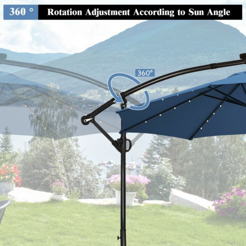 360° Rotation 10 Ft Solar Powered LED Patio Offset Umbrella without Weight Base