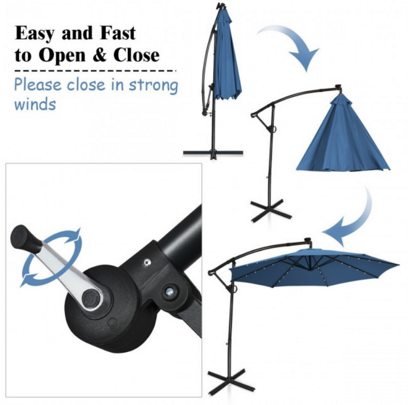 360° Rotation 10 Ft Solar Powered LED Patio Offset Umbrella without Weight Base
