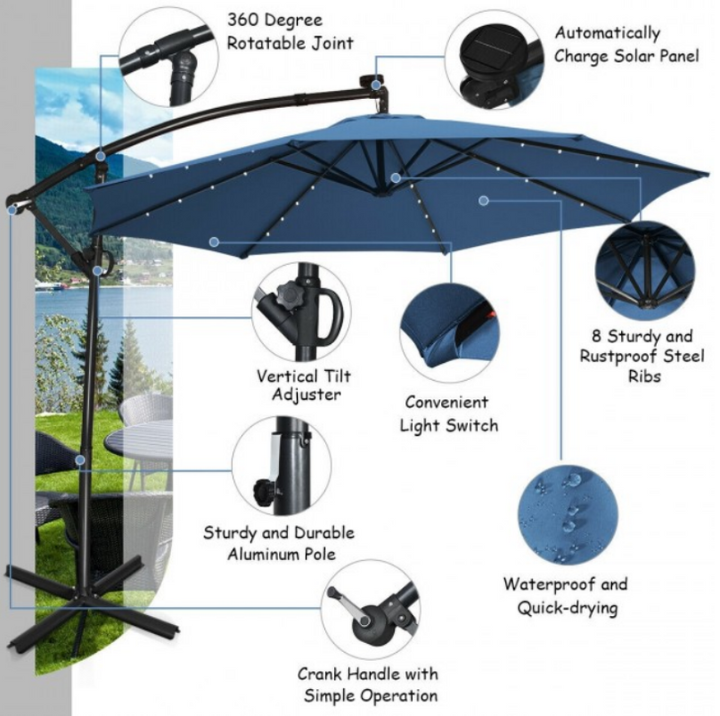 360° Rotation 10 Ft Solar Powered LED Patio Offset Umbrella without Weight Base