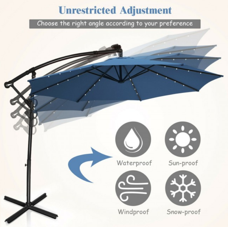 360° Rotation 10 Ft Solar Powered LED Patio Offset Umbrella without Weight Base