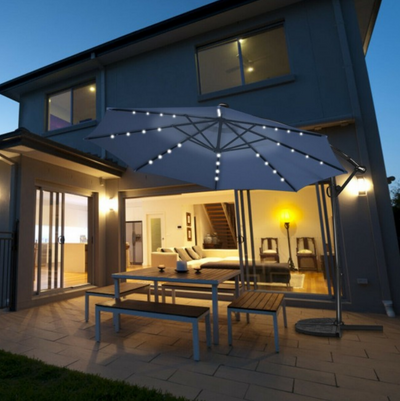 360° Rotation 10 Ft Solar Powered LED Patio Offset Umbrella without Weight Base