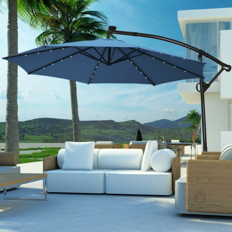 360° Rotation 10 Ft Solar Powered LED Patio Offset Umbrella without Weight Base