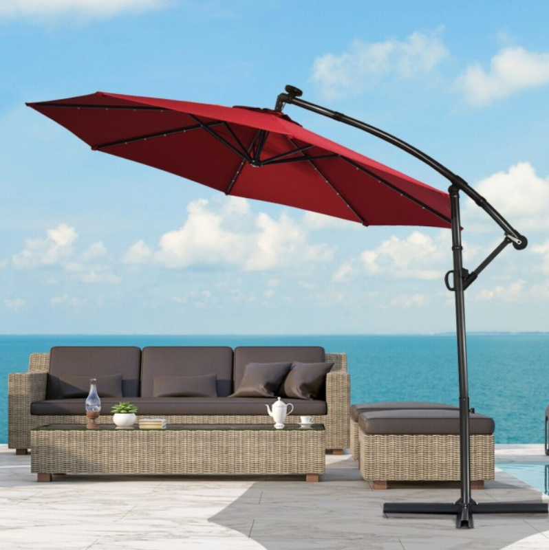 360° Rotation 10 Ft Solar Powered LED Patio Offset Umbrella without Weight Base