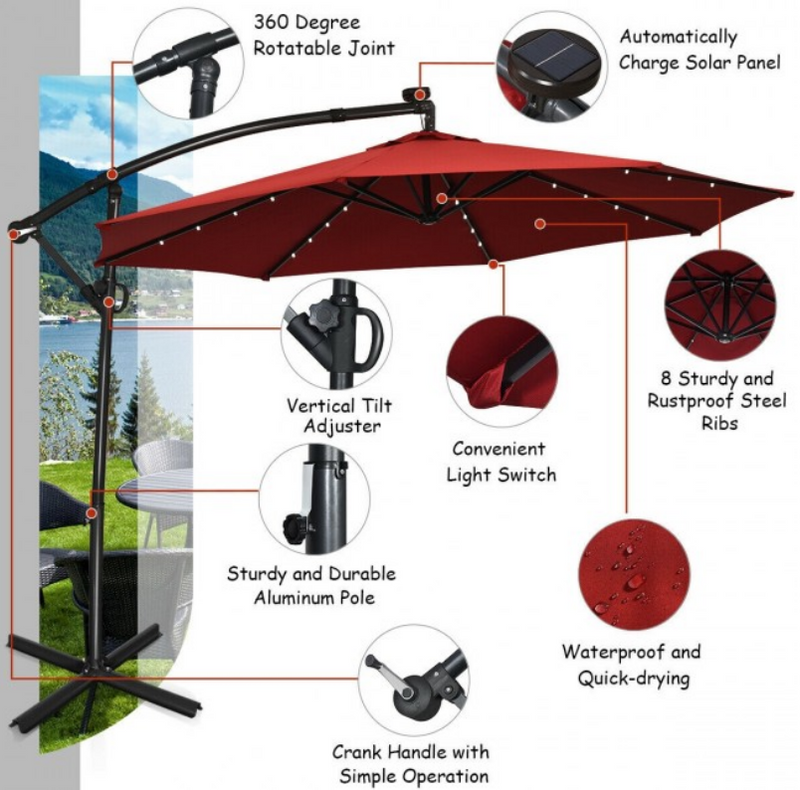 360° Rotation 10 Ft Solar Powered LED Patio Offset Umbrella without Weight Base