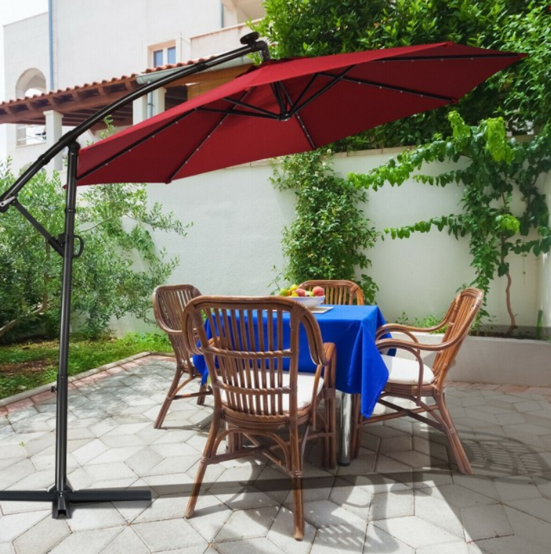 360° Rotation 10 Ft Solar Powered LED Patio Offset Umbrella without Weight Base