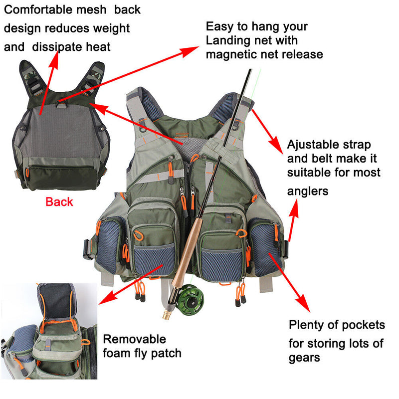 Fly Fishing Vest Pack Adjustable Size Breathable Multi-Pocket Vest