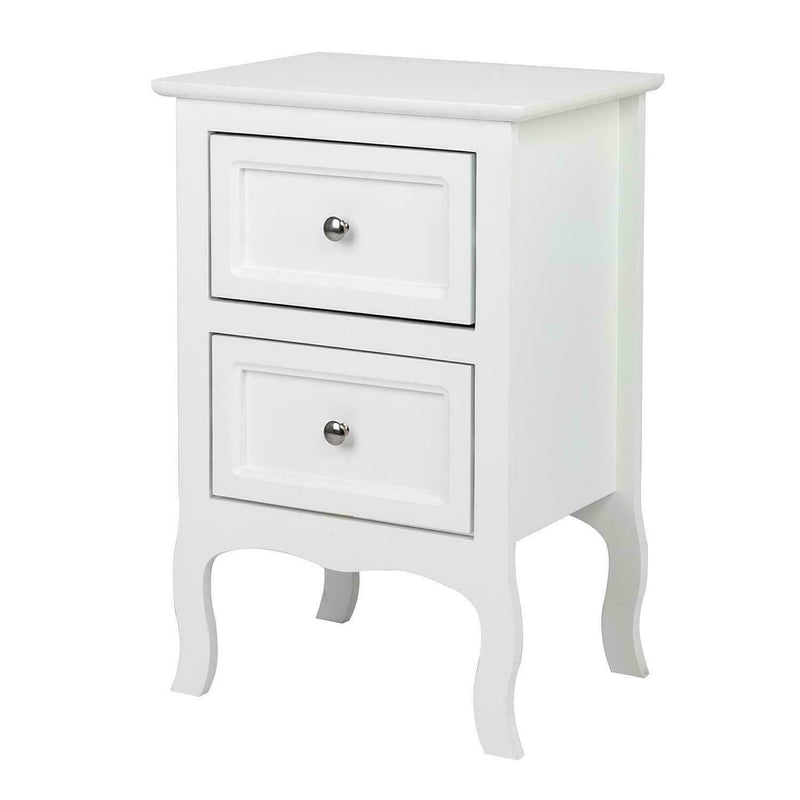 White Wood Nightstand, End Side Bedside Table with 2 Drawers
