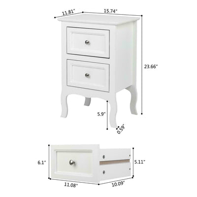 White Wood Nightstand, End Side Bedside Table with 2 Drawers