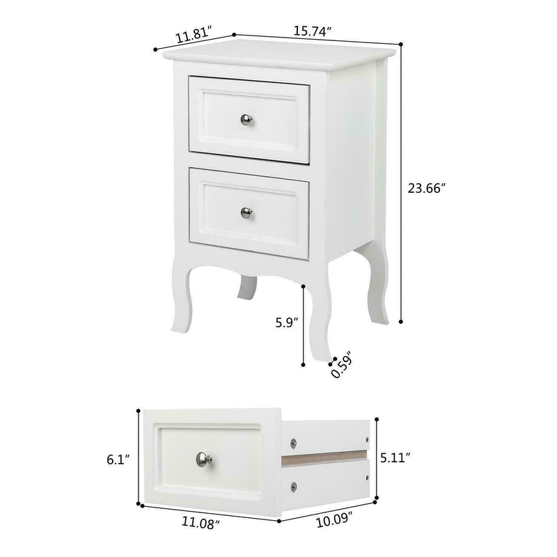 White Wood Nightstand, End Side Bedside Table with 2 Drawers