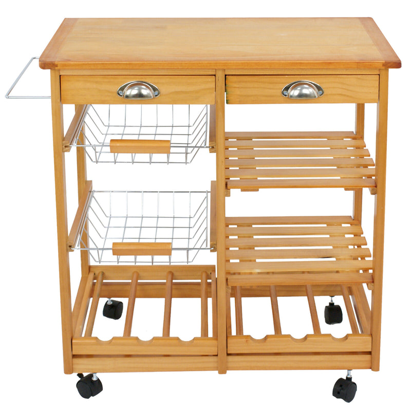 Rolling Wood Kitchen Island Trolley Cart Dining Tabletop with Storage Basket and Drawers