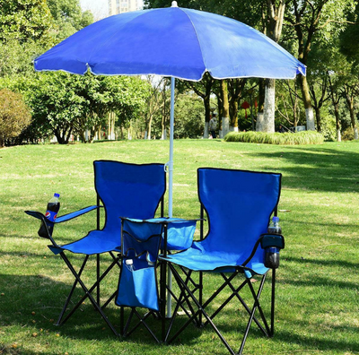 Foldable Camping Chair with Umbrella and Cooler Outdoor Folding Double Chairs for Picnic Beach Fishing