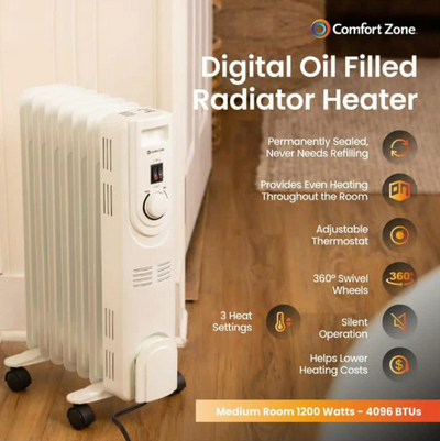 Electric Radiant Space Heater, Oil-Filled Indoor Rolling Radiator Heater 1200W