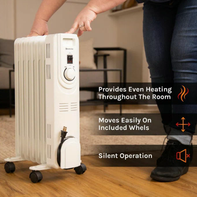 Electric Radiant Space Heater, Oil-Filled Indoor Rolling Radiator Heater 1200W