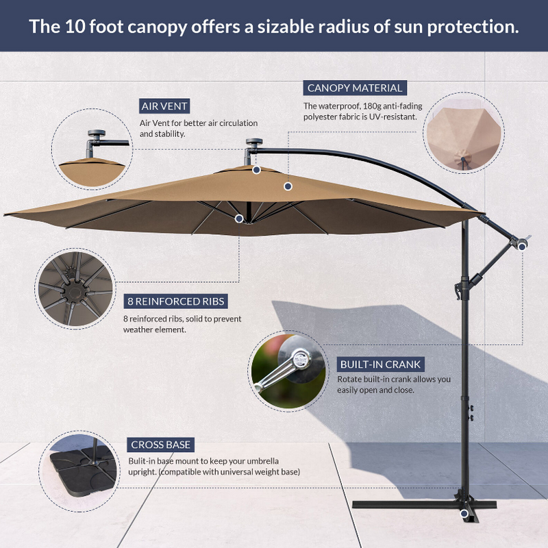Hanging Patio Deck Umbrella 10 Ft Sun Shade Canopy Offset UV Resistant with Base