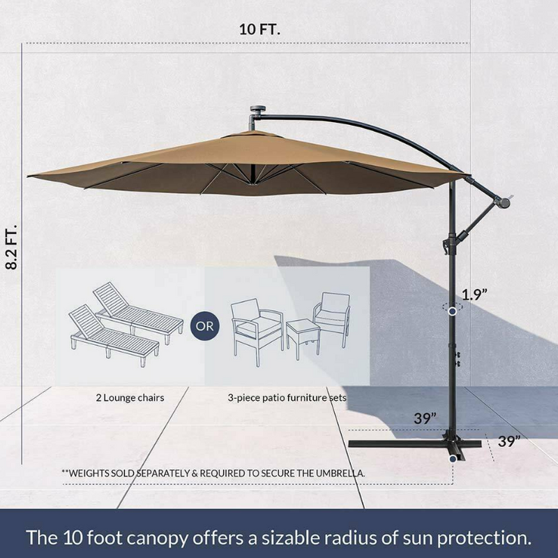 Hanging Patio Deck Umbrella 10 Ft Sun Shade Canopy Offset UV Resistant with Base