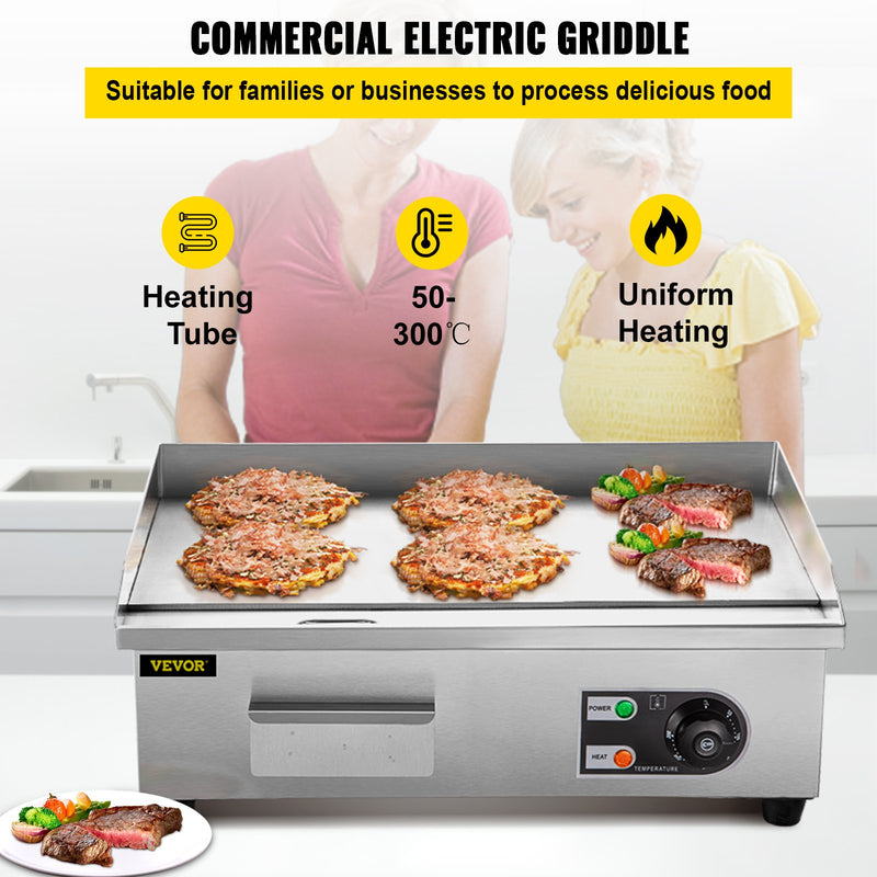22" Electric Countertop Griddle Commercial Restaurant Grill Stainless Steel Adjustable Temp Control