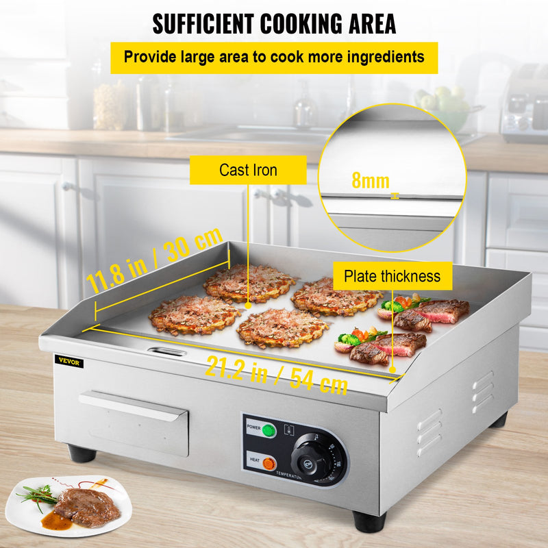 22" Electric Countertop Griddle Commercial Restaurant Grill Stainless Steel Adjustable Temp Control