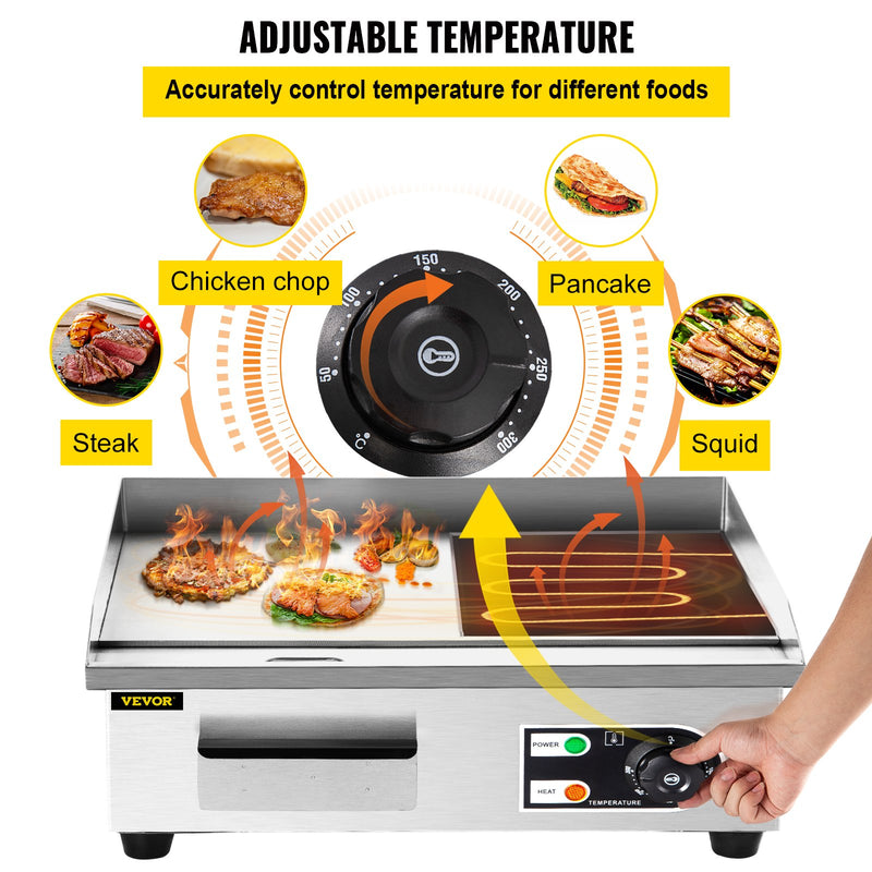 22" Electric Countertop Griddle Commercial Restaurant Grill Stainless Steel Adjustable Temp Control